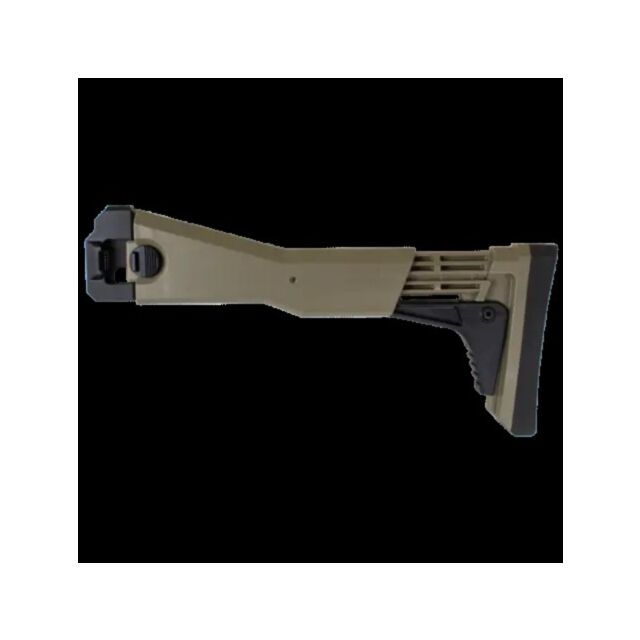 A U.S. MADE EVO STOCK COMPLETE FDE with a modern, angular design in tan and black, featuring a textured buttplate and side adjustment lever, is shown against a black background.
