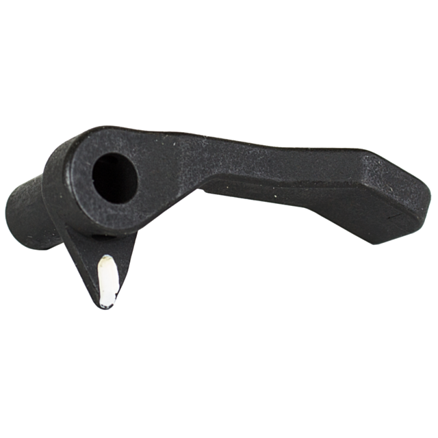 A close-up of the FIRE MODE SELECTOR LEVER LEFT EXTENDED 805 showcases its black metal finish, with a cylindrical hole on one end and a flat, angled extension on the other. The object is isolated against a pristine white background.