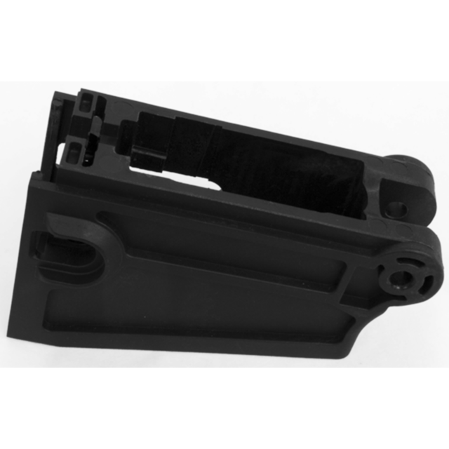 The MAGAZINE HOUSING 805 is a black plastic component with a rectangular shape, featuring multiple slots and openings. It likely serves as part of a larger mechanical or electronic device, boasting a matte finish and appearing to be molded for specific fu