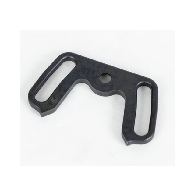 The REAR SWIVEL BREN 2, a metal component designed in an angular "U" shape featuring a central hole and two elongated slots on each side, is placed against a plain white background. This piece is likely intended for mechanical or industrial applications.