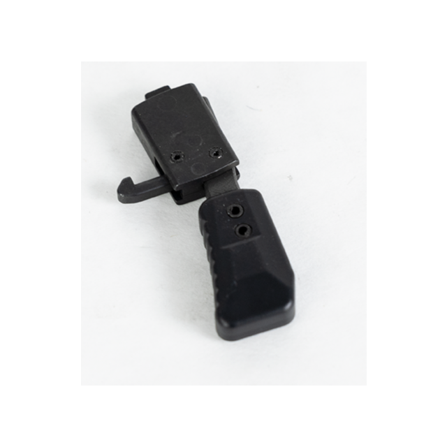 A COCKING HANDLE ASSEMBLY BREN 2, featuring a black plastic latch mechanism with a textured grip and two screw holes, is showcased on a white background.