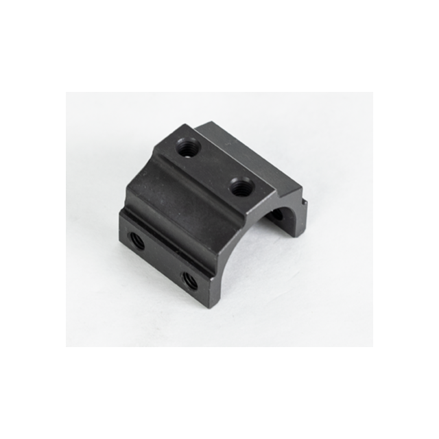 Introducing the CONNECTING BARREL SLEEVE BREN 2 Ms, a sleek black metal mounting bracket featuring four threaded holes for secure component attachment. Its elegantly curved profile and smooth surface are highlighted against a plain white background.