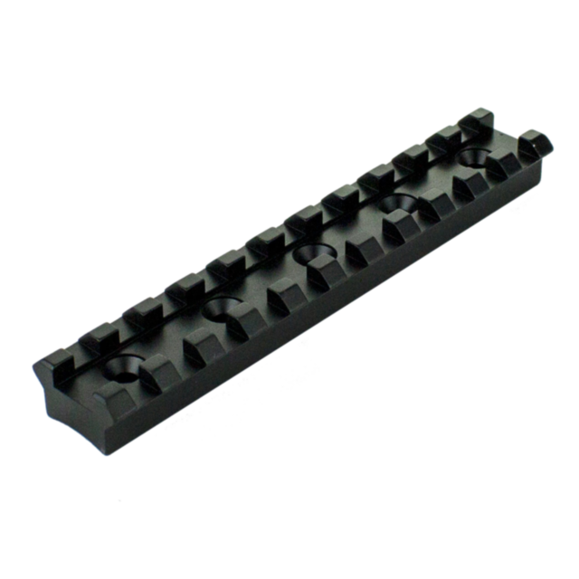 A CZ 612 ADAPTER RAIL, designed in black with multiple slots, is ideal for attaching accessories to firearms such as the CZ 612. It features a subtle angle that highlights its textured surface and rectangular form against a white background.