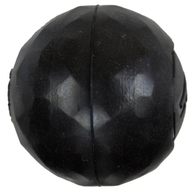 Close-up of a RUBBER BOLT KNOB BLACK, featuring a textured spherical design with a shiny surface. It showcases geometric patterns and has a notable seam encircling its center, reminiscent of its gripping feature.