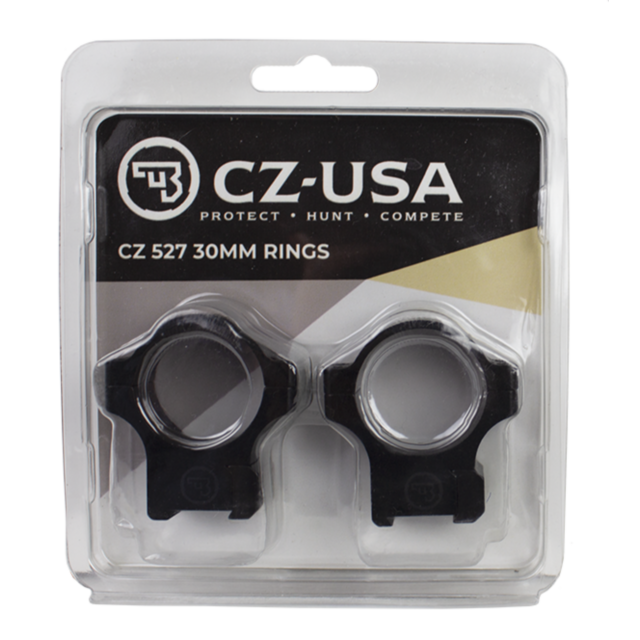 The packaging of the CZ 527 30mm Aluminum Rings, 16mm Dovetail presents a pair of black scope rings within a clear plastic case. The sleek label in black and gold prominently features the brand logo and text, emphasizing the precision fit for a 16mm dovet