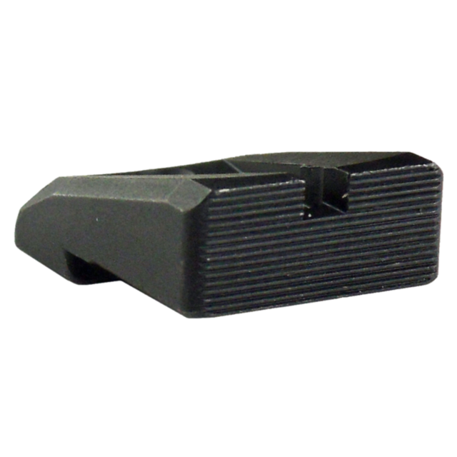 Close-up view of the REAR TARGET SIGHT SHADOW, a black rectangular component featuring a ridged surface and a small central groove, subtly casting a shadow. It appears to be designed for use in machinery or assembly.