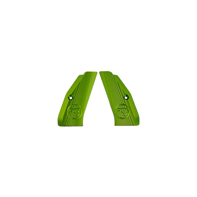 The ALUMINUM GRIPS FULL SIZE LONG GREEN CZUB are symmetrically positioned, neon green textured aluminum grips. Each has a small circular logo and features a non-slip surface with screw holes near the top for easy installation.