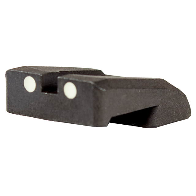 A close-up of the REAR SIGHT OMEGA 75 P-01 in black, featuring two white dots on a transparent background.