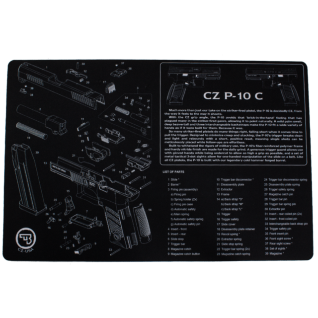 A depiction of the CZ P-10 C handgun is presented on the CZ-USA Pistol Cleaning Mat for the P-10C, complete with a comprehensive parts list and diagram. Each component is labeled and numbered to highlight internal mechanics and assembly instructions, with