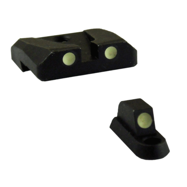 The CZUB FACTORY SIGHTS #4 P-07/P-09 set features two black sights on a transparent background. The larger sight, akin to the P-09 model, is designed with two circular dots, while the smaller one, similar to the P-07 model, has one dot. Both sights includ