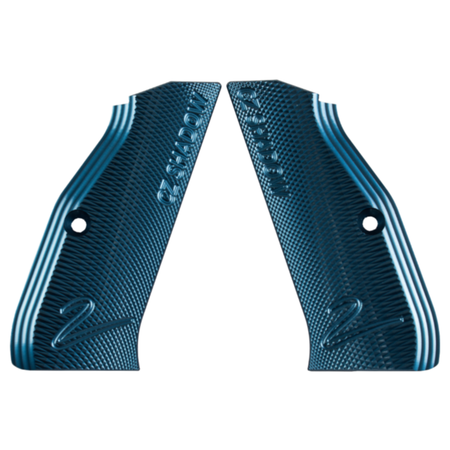 The ALUMINUM GRIPS LONG SHADOW 2 BLUE are presented with two mirror-image grips featuring diagonal grooves for enhanced grip. Designed specifically for a Shadow 2 pistol, the textured blue aluminum grips display text along their edges and highlight a slee