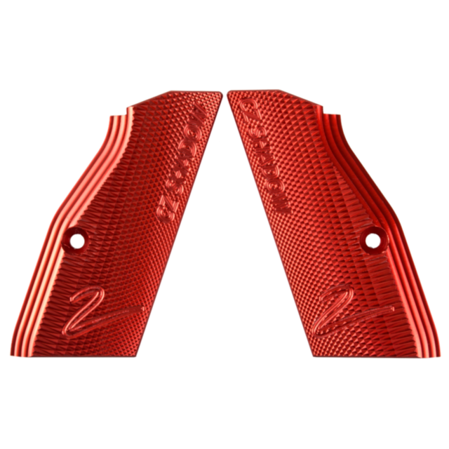 Close-up of two ALUMINUM GRIPS SHORT SHADOW 2 RED with engraved numbers and text. The grips feature attachment holes and a patterned, ridged design for superior grip.