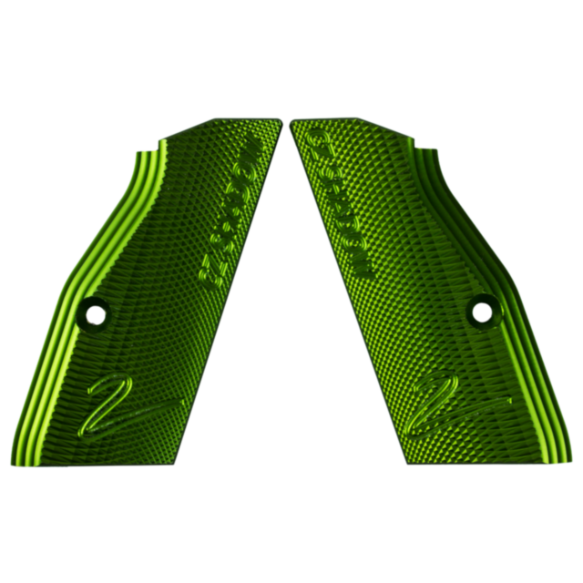 The ALUMINUM GRIPS SHORT SHADOW 2 GREEN are crafted with a green textured aluminum surface featuring an embossed "2" for the Shadow 2. These grips include attachment holes and have a unique curved design.