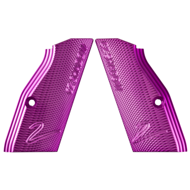 The ALUMINUM GRIPS SHORT SHADOW 2 PURPLE features a purple hue with aluminum construction, highlighted by textured zigzag patterns. They include engraved text and numbers, specifically designed for the Shadow 2. These grips have two holes each for easy at