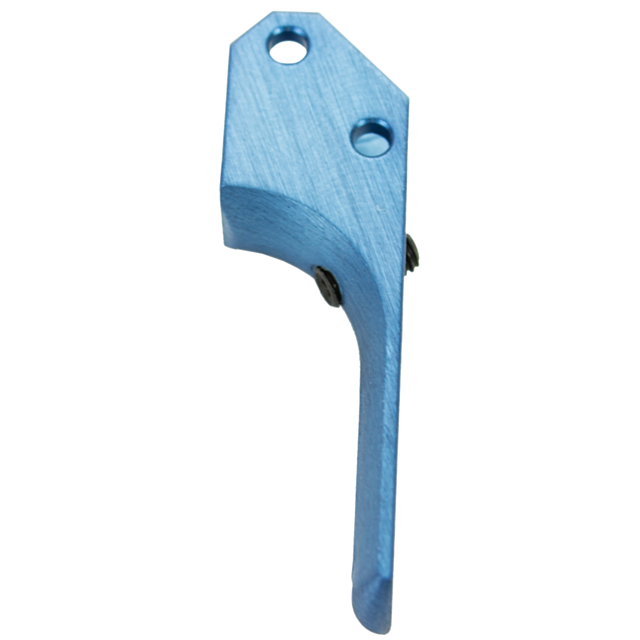 A metallic lever in a blue finish, featuring a curved design with two holes, showcasing the refined craftsmanship characteristic of the STRAIT SA TRIGGER CZUB BLUE.