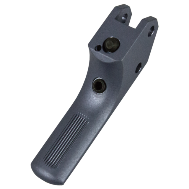 The STRAIT SA TRIGGER CZUB GREY, a metallic hand tool featuring a ridged handle and multiple circular openings for mechanical or assembly tasks, is showcased against a sleek grey background.