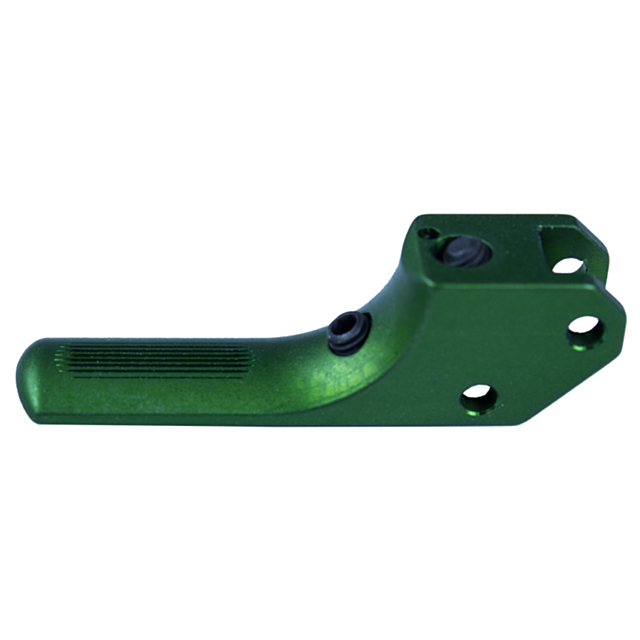 The STRAIT SA TRIGGER CZUB GREEN is a stylish green metal bracket with a curved design, enhanced by a ribbed texture along its length and drilled holes for easy mounting or attachment, adding both elegance and practicality to your setup.