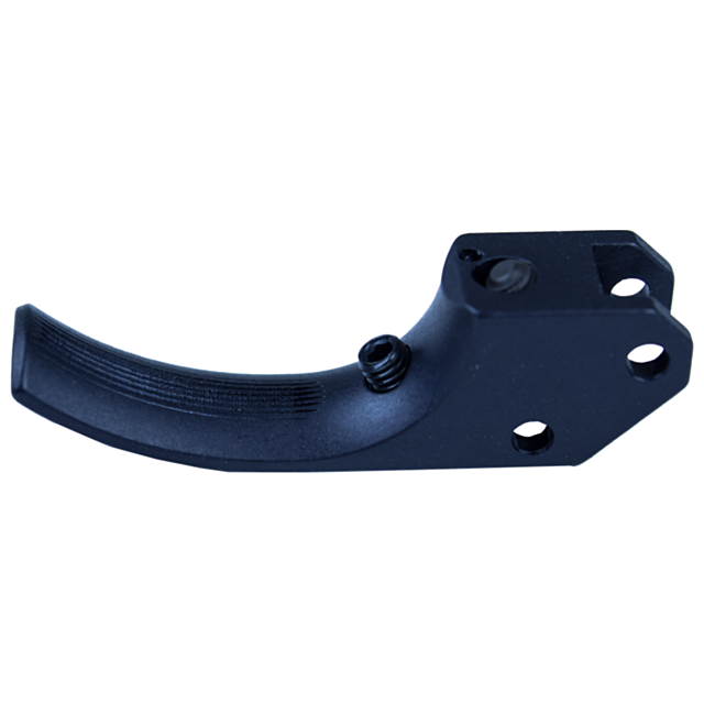 The TARGET CURVED SA TRIGGER CZUB BLACK, a sleek metal lever with a textured grip and two assembly holes, is elegantly positioned on a plain white background, showcasing the precision characteristic of CZUB designs.