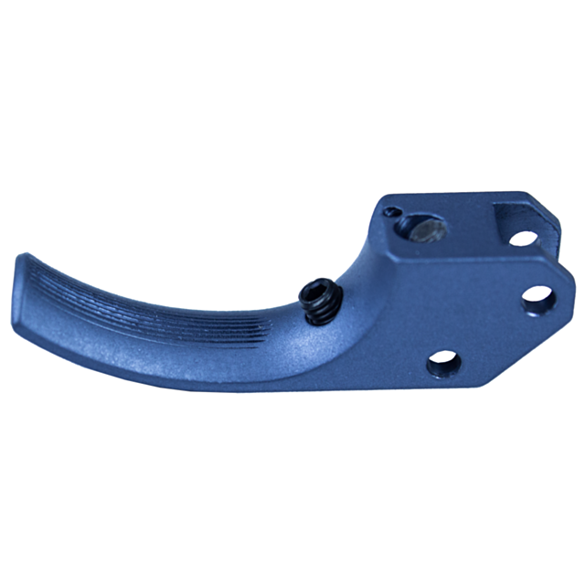 A CZUB GREY metal component featuring a TARGET CURVED SA TRIGGER handle, with three holes on its flat base, and a small black screw visible on the side. The surface has ridges for grip, enhancing precision in every use.