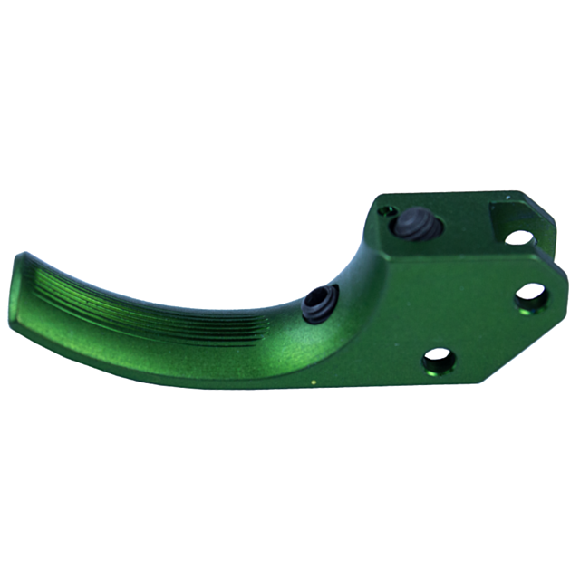 The TARGET CURVED SA TRIGGER CZUB GREEN is a mechanical component characterized by its curved trigger and ridged grip. It features several screw holes and black buttons, suggesting it may be part of a larger machinery or device.