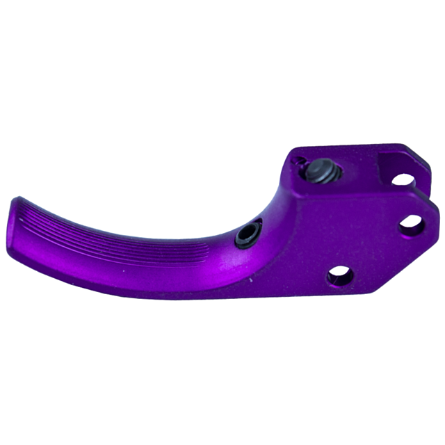 Introducing the TARGET CURVED SA TRIGGER CZUB PURPLE: a distinctive purple metal lever with a curved design. It features a ribbed handle and two mounting holes, along with a small black button on the top surface for enhanced functionality.