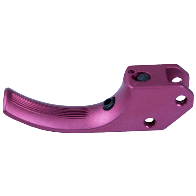 Introducing the TARGET CURVED SA TRIGGER CZUB PINK, a pink, curved metal lever designed with a textured grip and bolt holes, ideal for mechanical or industrial use.