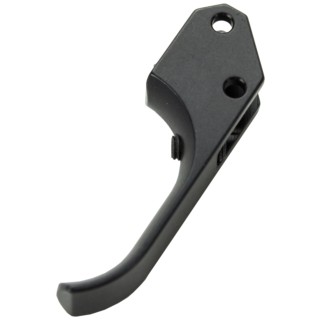 The STRAIT CURVED SA TRIGGER CZUB BLACK is a black metal mechanical lever, featuring two holes at the top and a curved trigger design at the bottom, displayed against a plain white background.