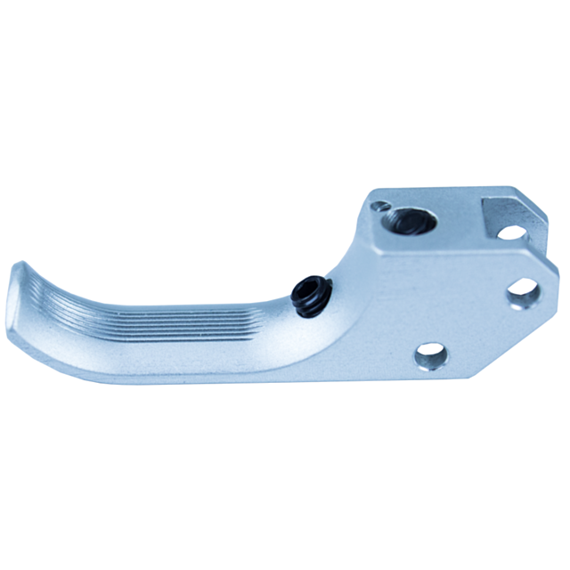 A close-up of a metallic, curved trigger with multiple holes and a textured surface. The precision-engineered STRAIT CURVED SA TRIGGER CZUB SILVER showcases a sleek silver finish and visible screws, indicating it is likely used in machinery or equipment.