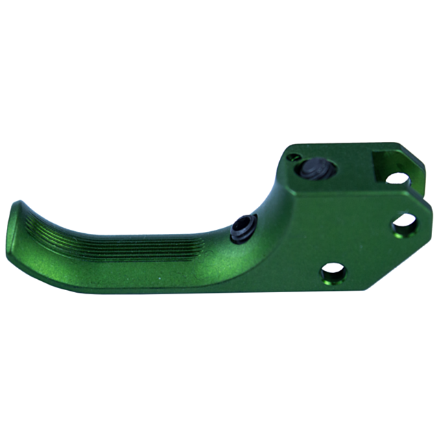 A STRAIT CURVED SA TRIGGER CZUB GREEN features a metallic lever with a ribbed handle, offering a smooth finish and equipped with screws and holes for easy attachment. The product is displayed against a white background.