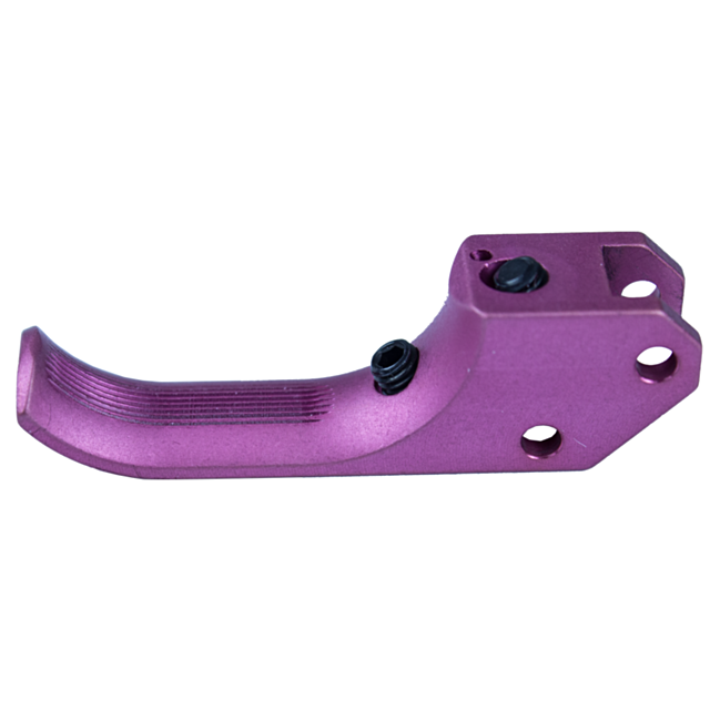 A close-up of the STRAIT CURVED SA TRIGGER CZUB PINK, featuring a metallic texture and multiple bolt holes. The pink trigger boasts a curved design and textured grip, and is displayed against a plain white background.