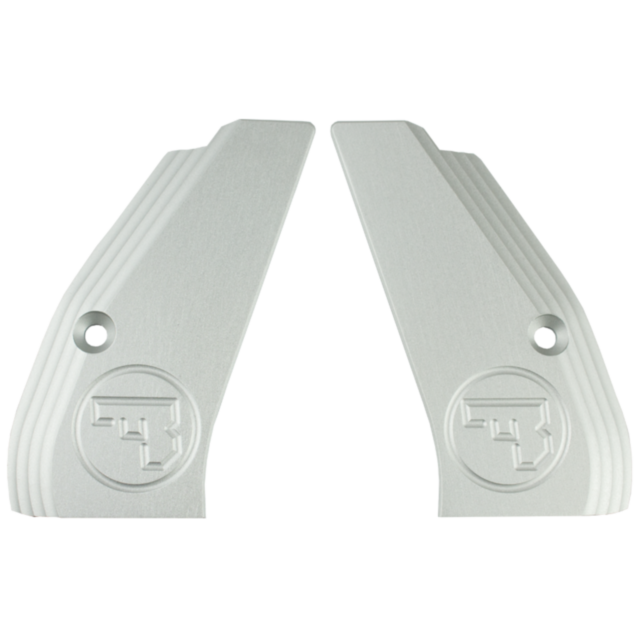 ALUMINUM GRIPS SMOOTH COMPACT GREY CZUB, designed for attachment, feature a compact and angled design with the embossed CZUB logo. These grips showcase a textured, ridged pattern on one side with small screw holes for mounting, all set against a plain whi