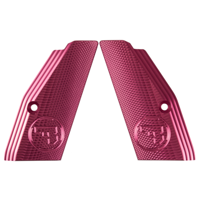 The product, ALUMINUM GRIPS FULL SIZE SHORT PINK CZUB, showcases two textured full-size aluminum grips displaying circular embossed pink CZUB logos and featuring small holes near one end. The mirrored grips are positioned vertically against a white backgr