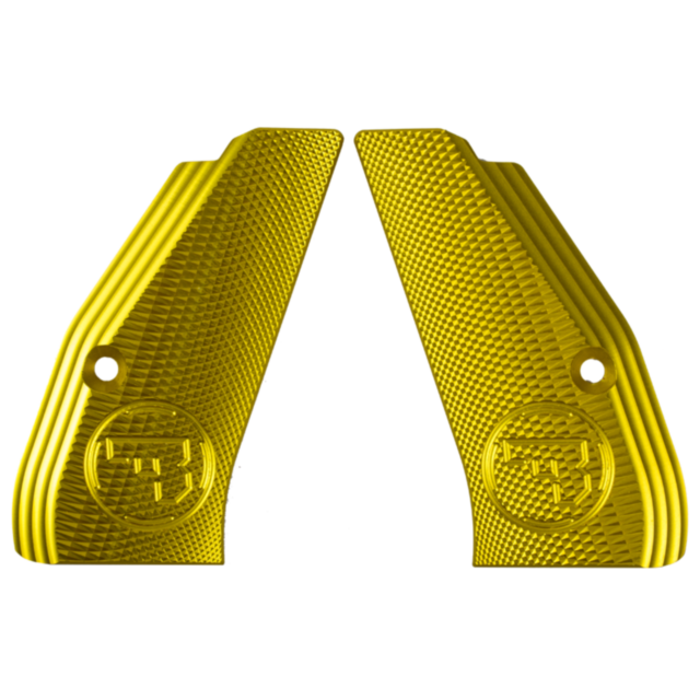 The ALUMINUM GRIPS CHECKERED COMPACT GOLD CZUB feature two yellow checkered grips with circular logos displaying stylized letters. Designed for an enhanced hold, these grips showcase a grooved pattern and include two attachment holes situated opposite eac