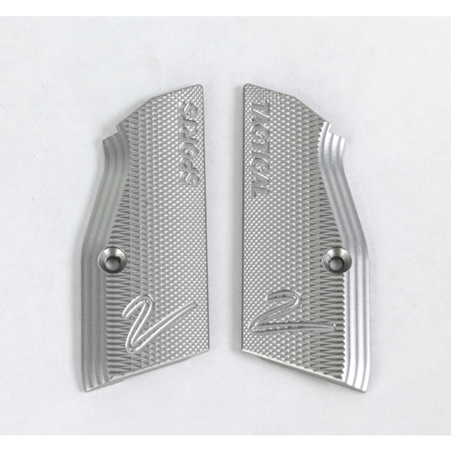 The ALUMINUM CZUB TS2 SILVER GRIPS consist of two silver metallic panels with a textured surface, engraved with "SPORTS" and "TACTICAL." Each panel includes a wavy line design and a screw hole for easy attachment.