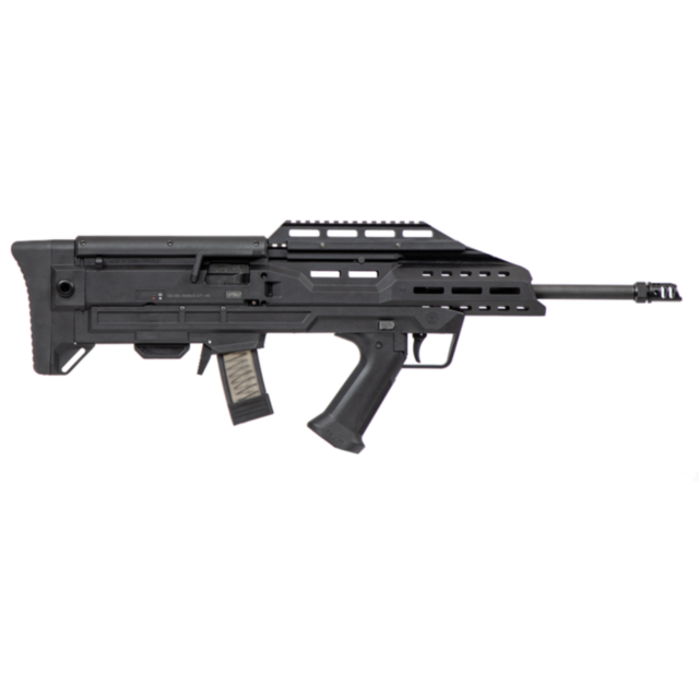 The CZ Scorpion EVO 3 Carbine Bullpup Kit is a black firearm with a distinctive bullpup design, featuring a compact barrel and an edgy, angular aesthetic. It is equipped with a top rail for attachments, a pistol grip, and includes a transparent magazine.