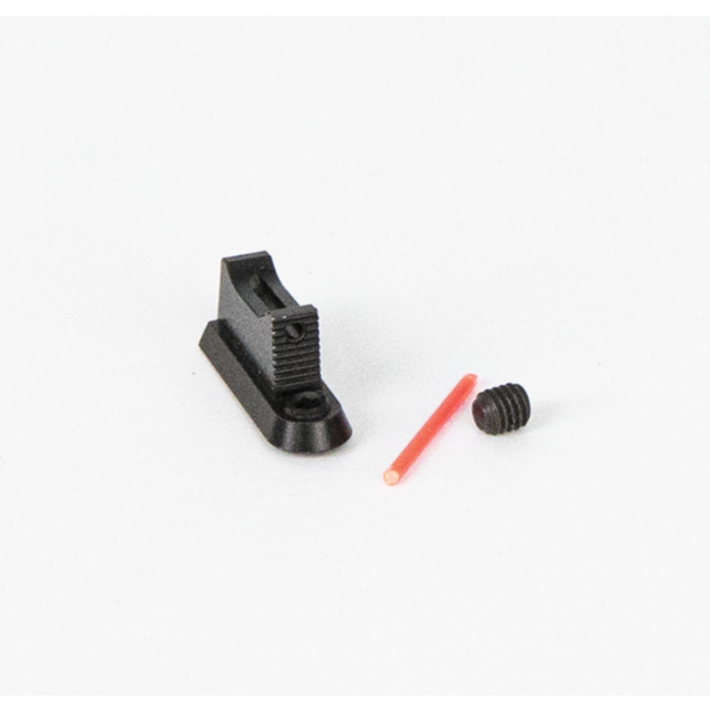The FIBER OPTIC FRONT SIGHT SHADOW 2 ORANGE, featuring a black base with a grooved design, is displayed alongside a small red fiber optic rod and a petite black screw, set against a plain white background.