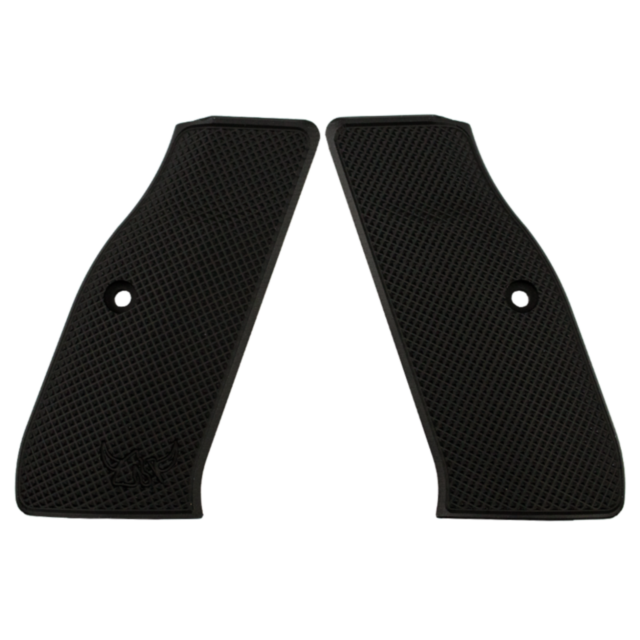 A pair of Henning's black aluminum full checkered grips, featuring a small bull logo in the bottom corner of each grip. These gun grips have a central attachment hole and are designed to be positioned symmetrically, facing each other.