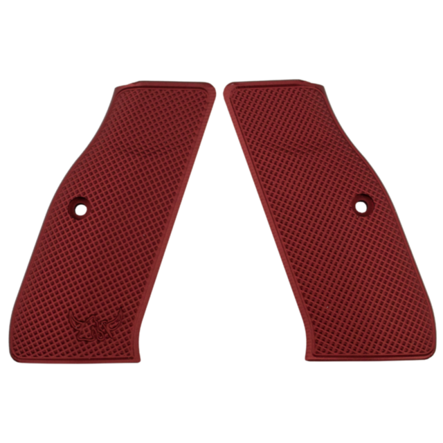 A pair of full checkered, Henning Red aluminum grips for a firearm, featuring a bull logo embossed in the lower corner of each grip.