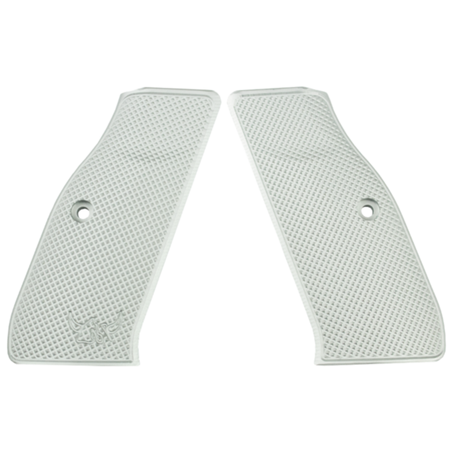 Displayed side by side are the Henning Silver Aluminum Grip Full Checkered, featuring a textured design that embodies Henning sophistication. Each grip includes an attachment hole and is subtly engraved with a bull logo in the lower corner.