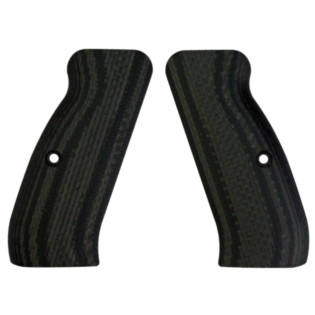 The VZ Grip Carbon Fiber Smooth Full Size set includes two black grip panels with carbon fiber texture, ideal for full-size models. Each panel features a wavy pattern with pre-drilled screw holes and is designed as mirror images of one another, showcased