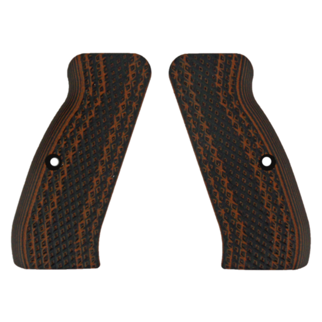 The VZ GRIP TIGER DIAMOND BACK FULL SIZE features two textured, dark brown G10 material gun grips with intricate diamond-shaped patterns and holes for screws. The grips are positioned parallel to each other with slanted edges, ideal for a full-size firear