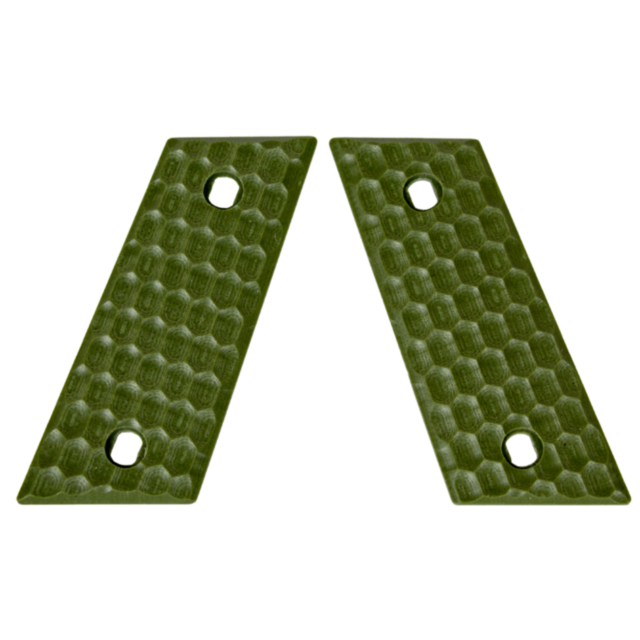 The CZ-USA RAMI GRIPS with a honeycomb pattern in solid green include two textured panels, each featuring a hole near one end. The panels are arranged in a "V" shape reminiscent of RAMI grips.