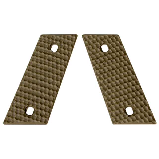 Two solid tan CZ-USA RAMI grips with textured oval panels, each having two holes for attachment, are positioned side by side against a white background. They showcase their robust design tailored for secure handling.