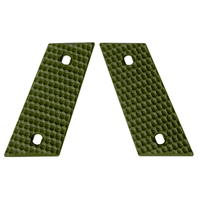 Two solid green RAMI grips from CZ-USA, designed with an elongated oval pattern, feature a honeycomb design. Each grip includes two attachment holes positioned diagonally opposite each other and are arranged parallel to one another.