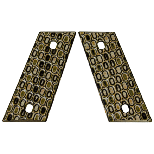 The CZ-USA RAMI GRIPS OVALS TAN/BLACK feature a pair of rectangular pieces with a reptile skin pattern in shades of tan, black, and cream. These grips have rounded edges with holes near the top corners and are angled to form an upside-down "V".