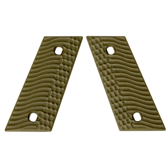 Two textured Glory Solid Tan CZ-USA RAMI grips with wavy and honeycomb patterns sit side by side, each featuring two screw holes for attachment.