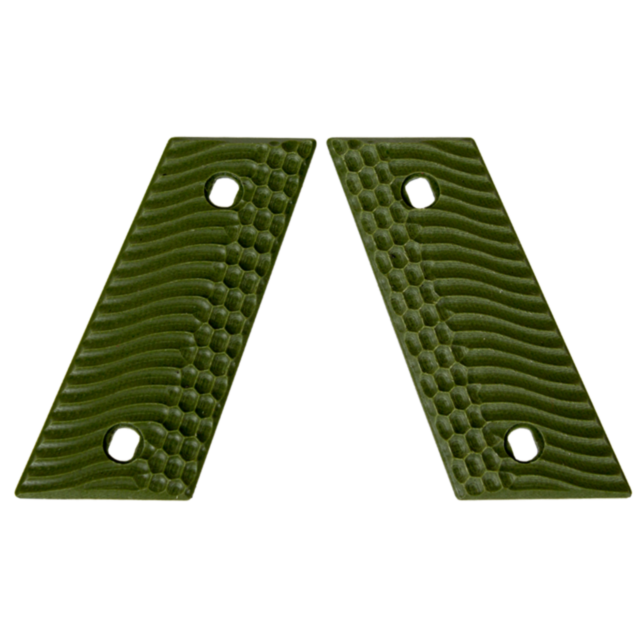 Two rectangular objects with textured surfaces in solid green, featuring wavy and circular patterns similar to the CZ-USA RAMI GRIPS GLORY. Each has symmetrically positioned holes near both ends, suggesting they are panels possibly intended for a tool or