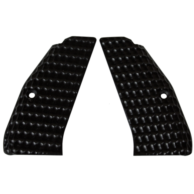 The CZ-USA 97 Grips Honeycomb Solid Black are two black, textured grips with a honeycomb design. These panels are symmetrical, each with a small hole near the center for mounting.