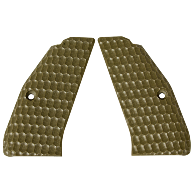 The CZ-USA 97 grips with a honeycomb pattern, resembling handle grips, have recessed holes near the center edge of each piece. They are solid tan in color and placed side by side, with edges facing inward.