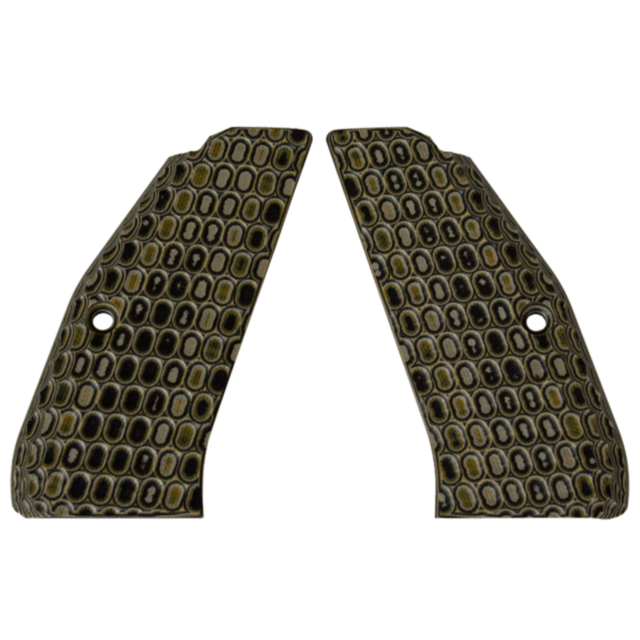 The CZ-USA 97 Grips Honeycomb Tan/Black feature two textured, patterned grips with a scale-like design of oval shapes in tan and black tones. They have holes for attachment and are designed to mirror each other, perfectly complementing the aesthetics of t